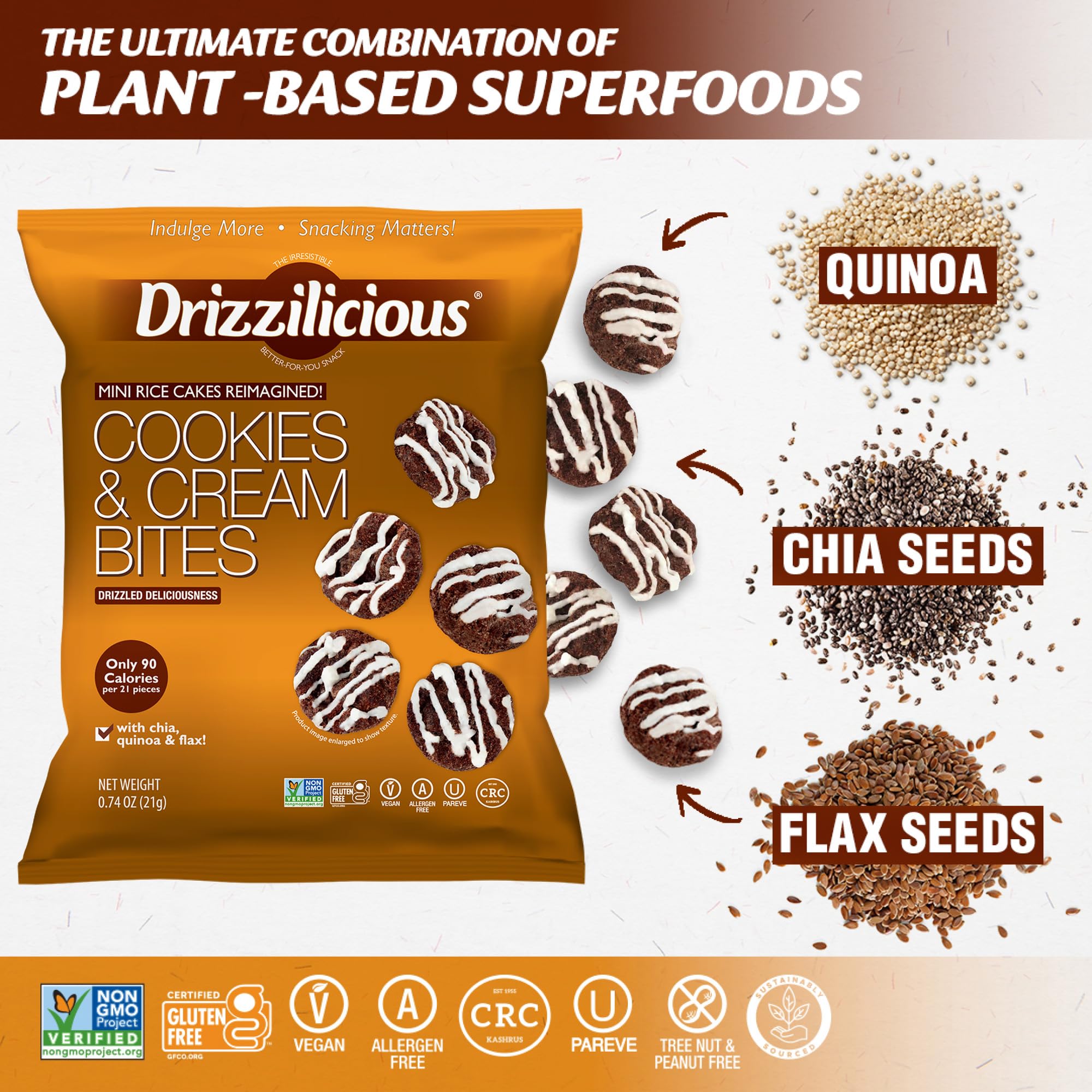 Drizzilicious texture with visible quinoa chia flax demonstrating seed-driven crunch