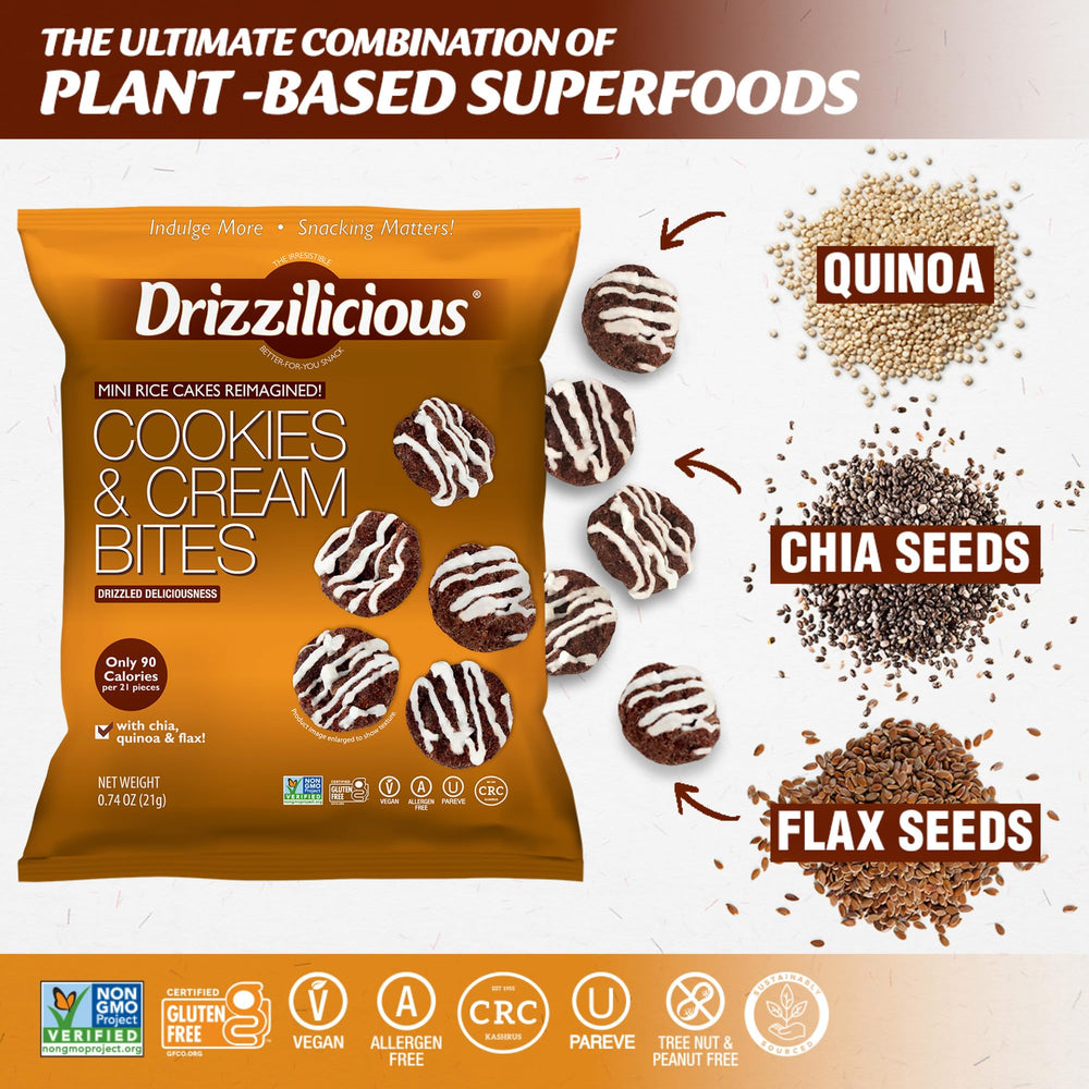 Drizzilicious texture with visible quinoa chia flax demonstrating seed-driven crunch