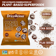 Drizzilicious texture with visible quinoa chia flax demonstrating seed-driven crunch