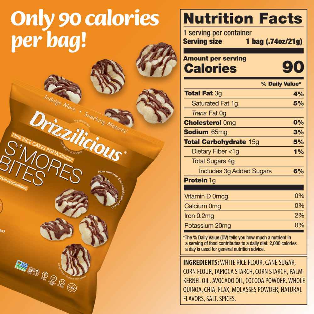 Drizzilicious lined single-serve bags showing three flavors for variety