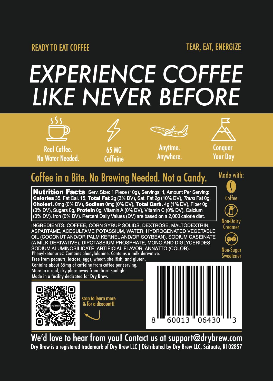 Dry Brew product label and ingredients panel for transparency and safety