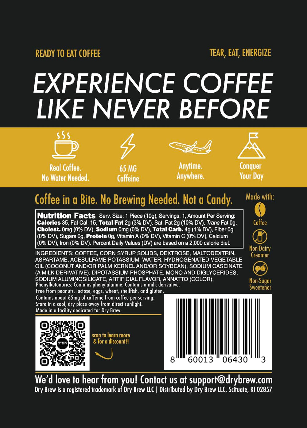 Dry Brew product label and ingredients panel for transparency and safety