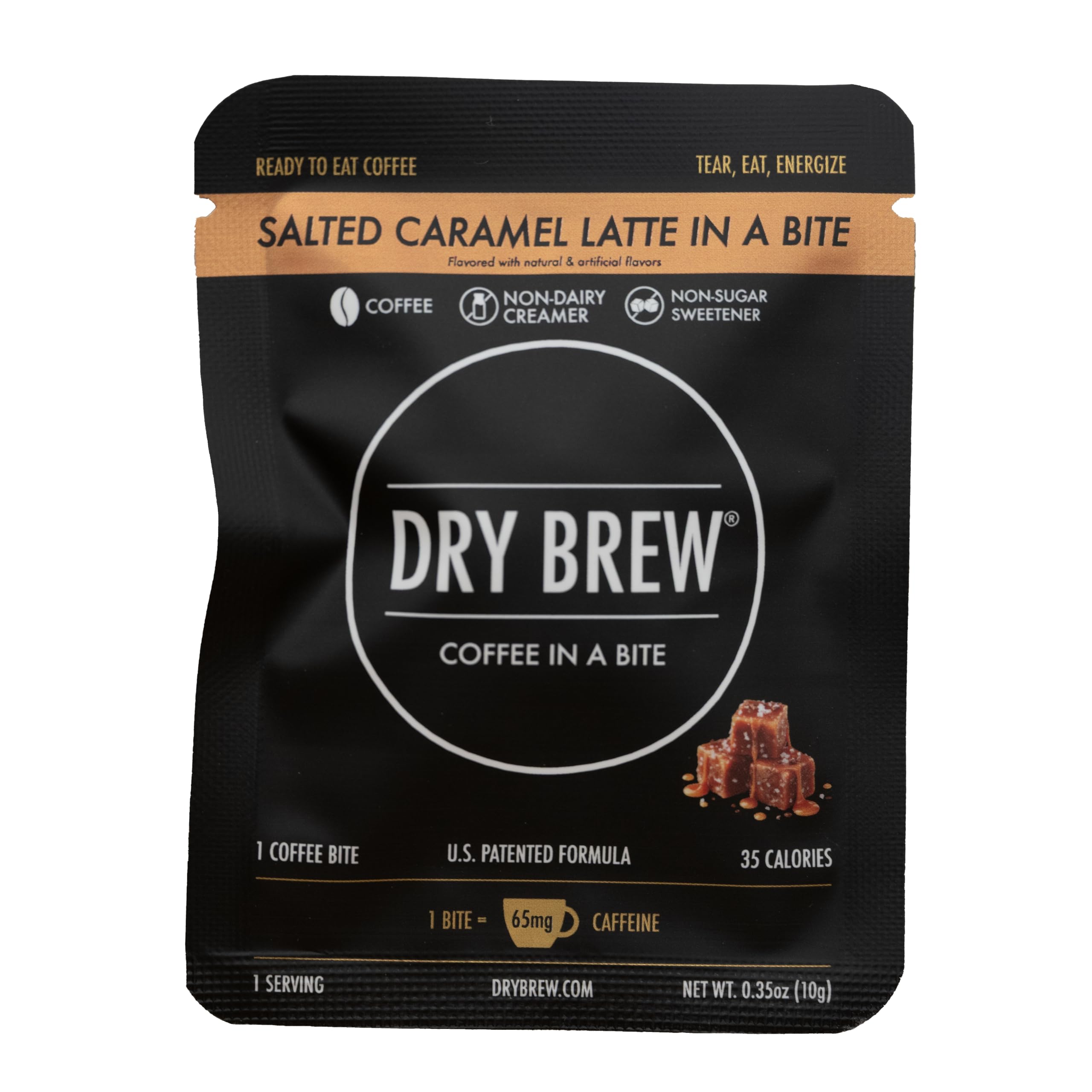Dry Brew front packaging showing salted caramel flavor and 65mg caffeine benefit
