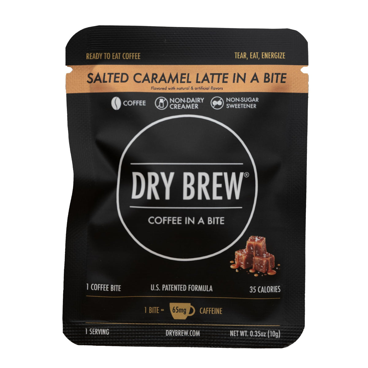 Dry Brew front packaging showing salted caramel flavor and 65mg caffeine benefit