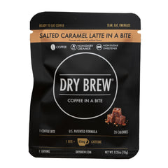 Dry Brew front packaging showing salted caramel flavor and 65mg caffeine benefit