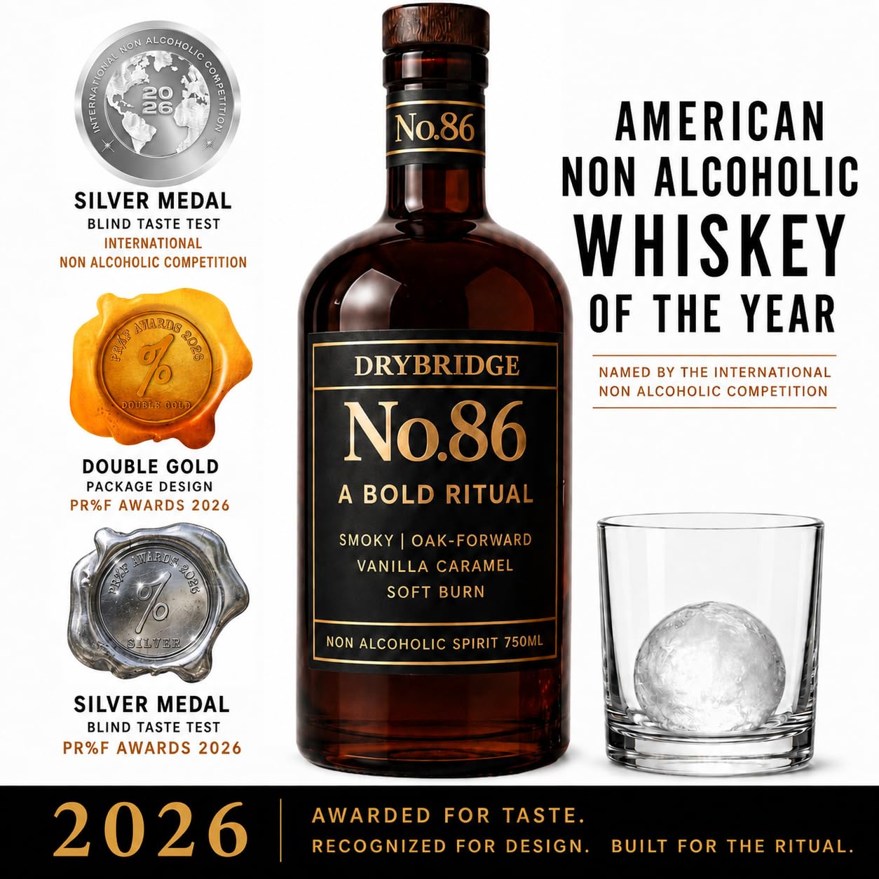 DRYBRIDGE No. 86 poured over large ice showcasing oak‑forward sipping appeal