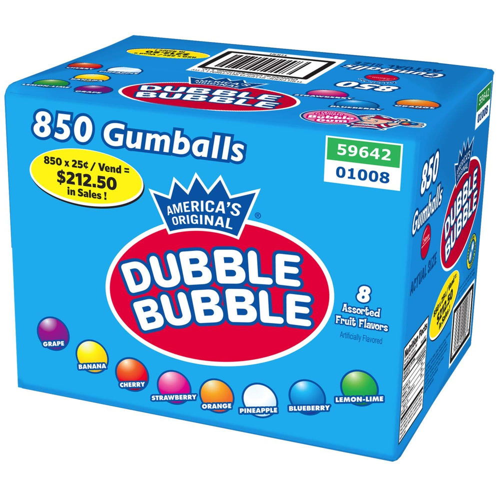 Dubble Bubble front pack image showing colorful fruit gumballs and bulk supply benefit