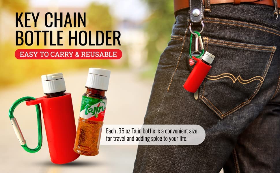 Dubbs Hardware Tajín silicone holder close-up protecting the bottle