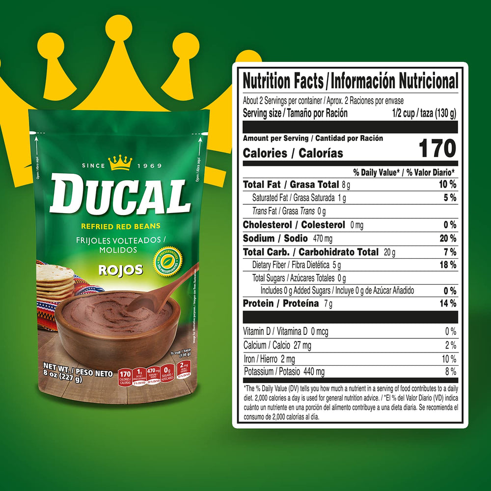 Ducal close-up of creamy refried red beans texture highlighting ready-to-heat convenience