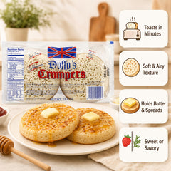 Duffy's close-up of porous crumpet top showing texture and spreadability