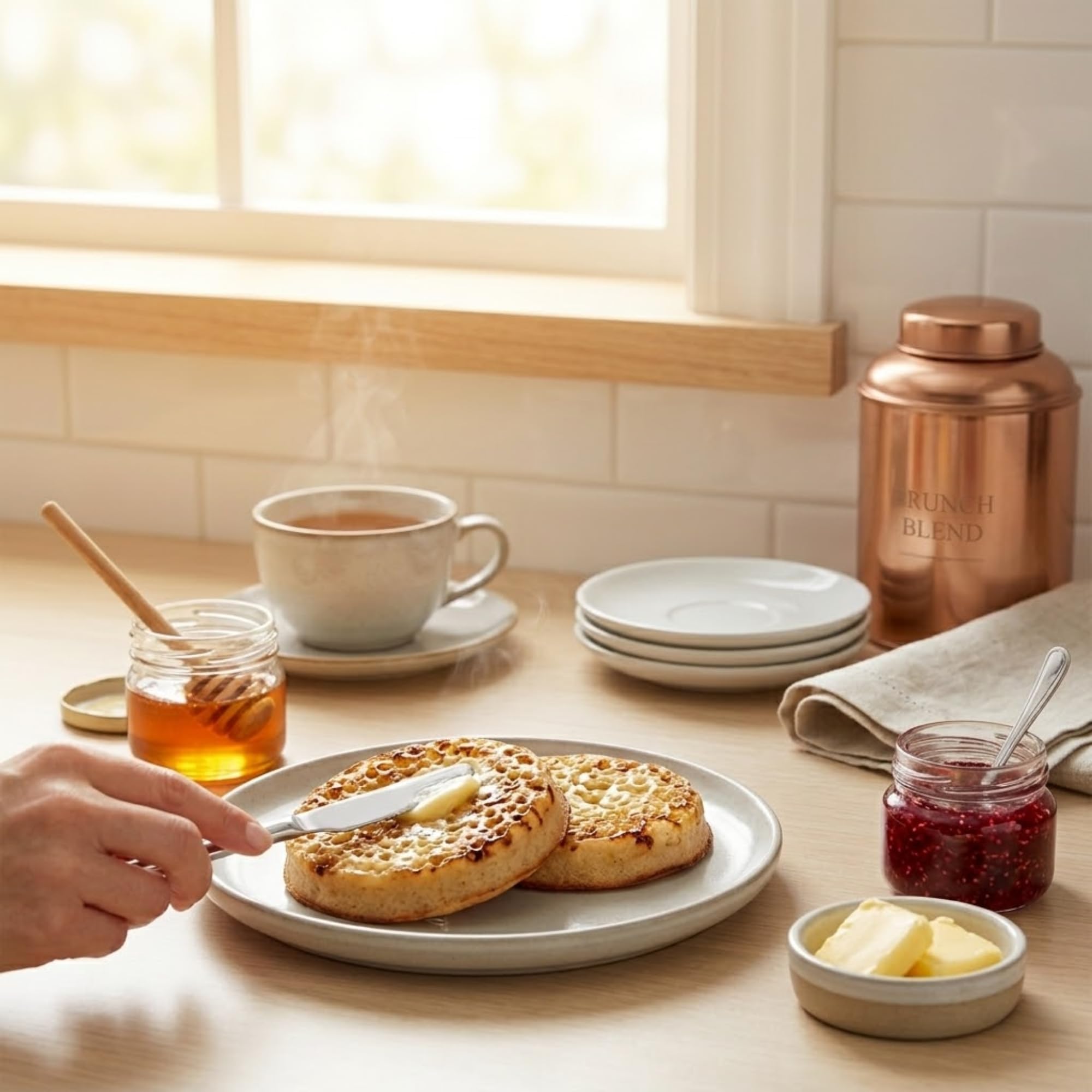 Duffy's crumpet on a plate beside tea suggesting tea-time pairing enjoyment