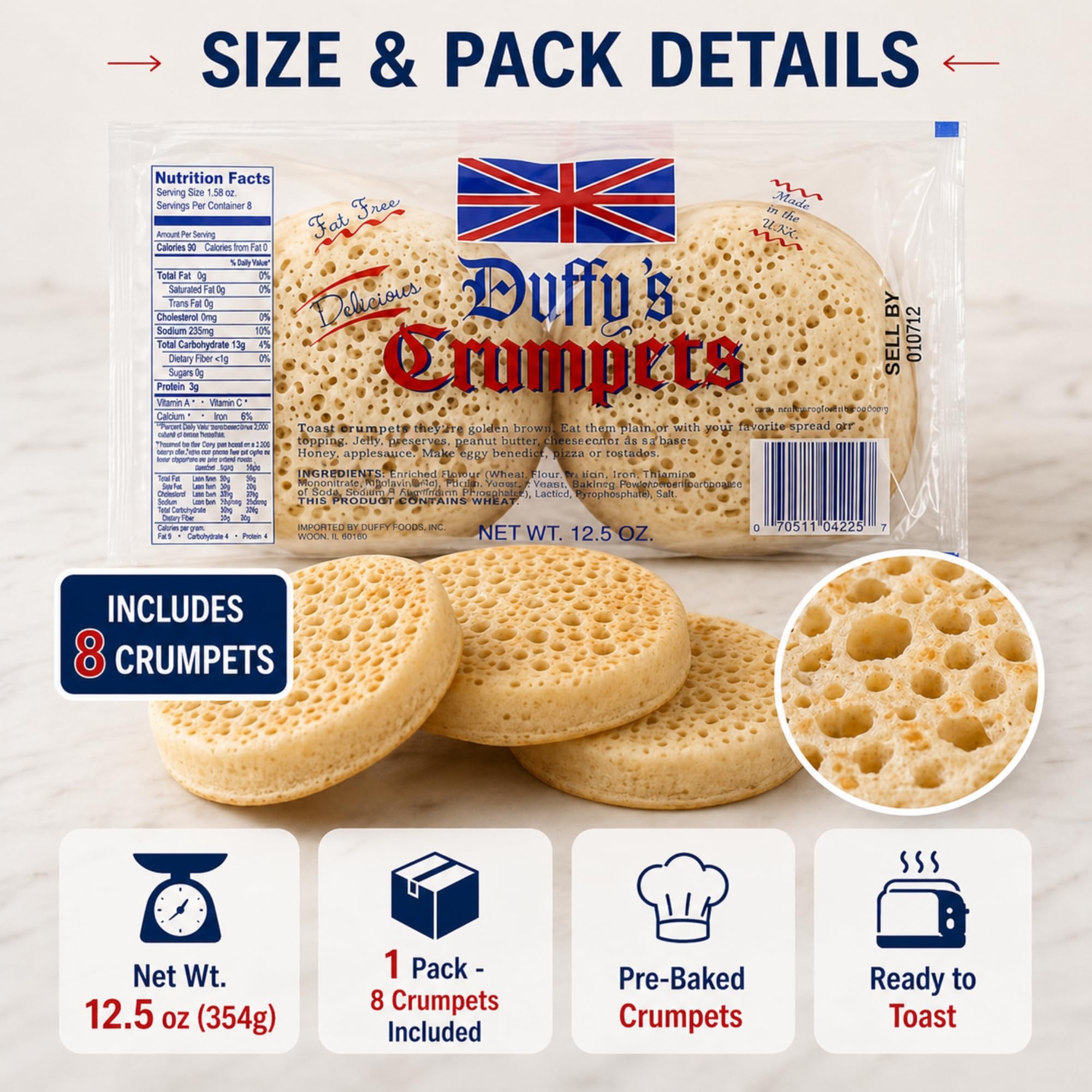 Duffy's crumpet held in hand showing size and easy portioning benefit