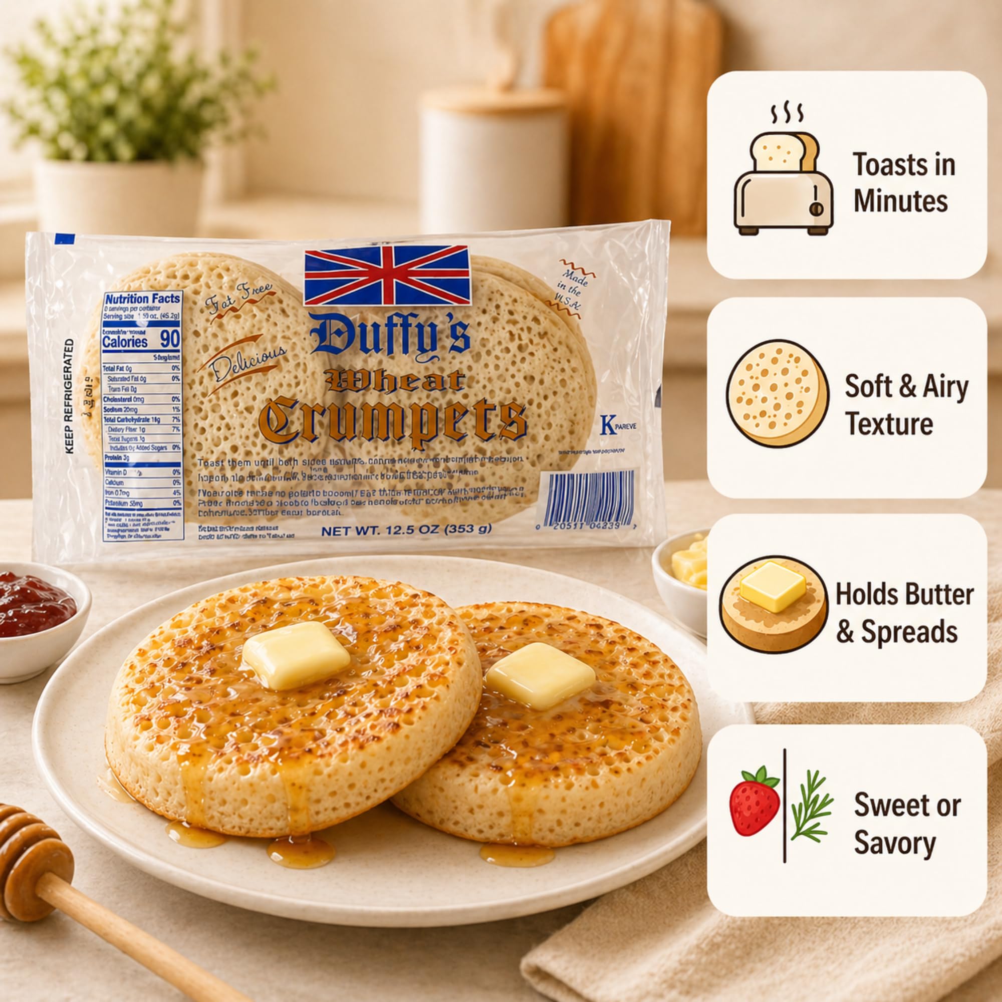 Duffy's close-up of crumpet holes and airy texture for better topping absorption
