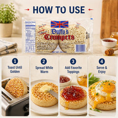 Duffy's crumpets in a toaster demonstrating quick toasting convenience