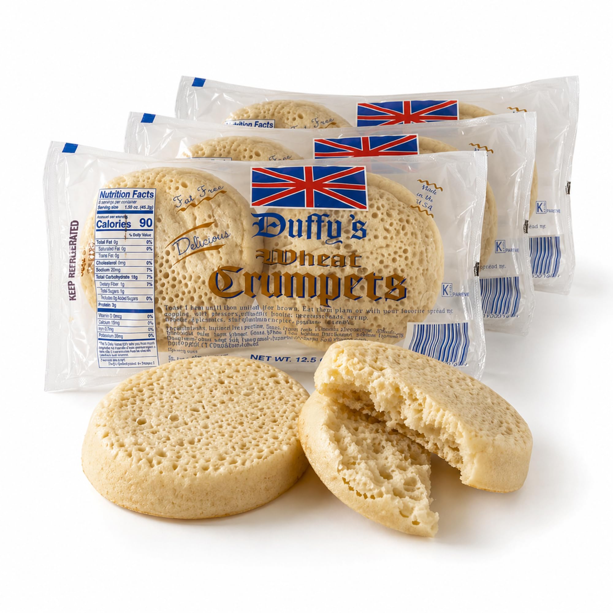 Duffy's front packaging showing wheat crumpets and pack count benefit
