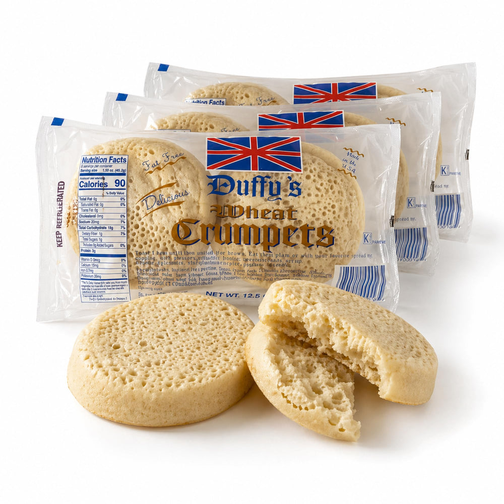 Duffy's front packaging showing wheat crumpets and pack count benefit