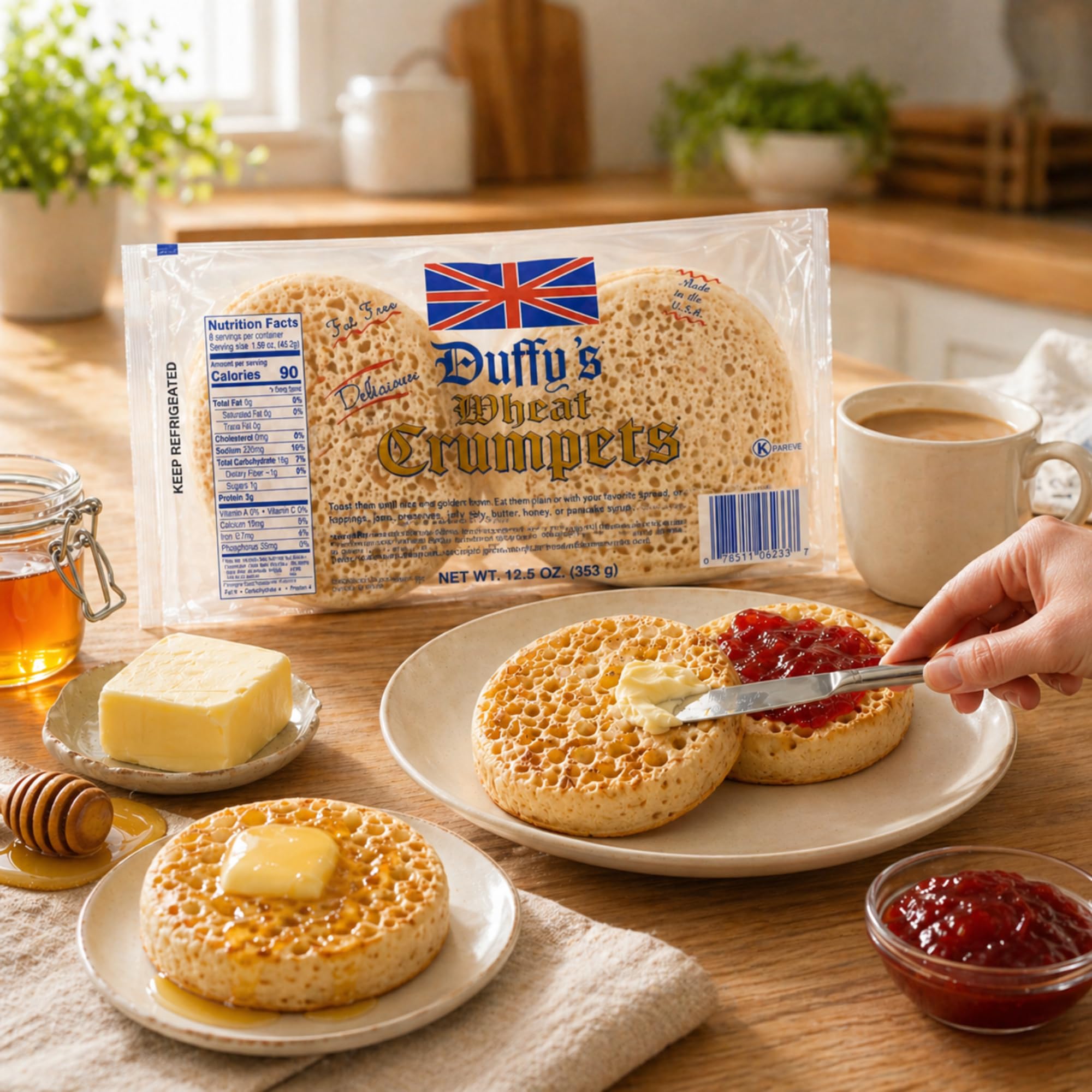 Duffy's opened pack revealing crumpets inside for freshness and easy access