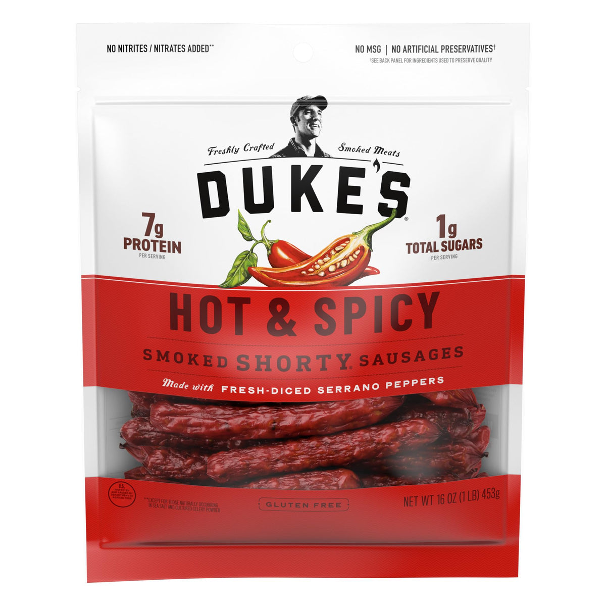 DUKE'S front packaging 16oz showing bold logo and spicy sausage benefit