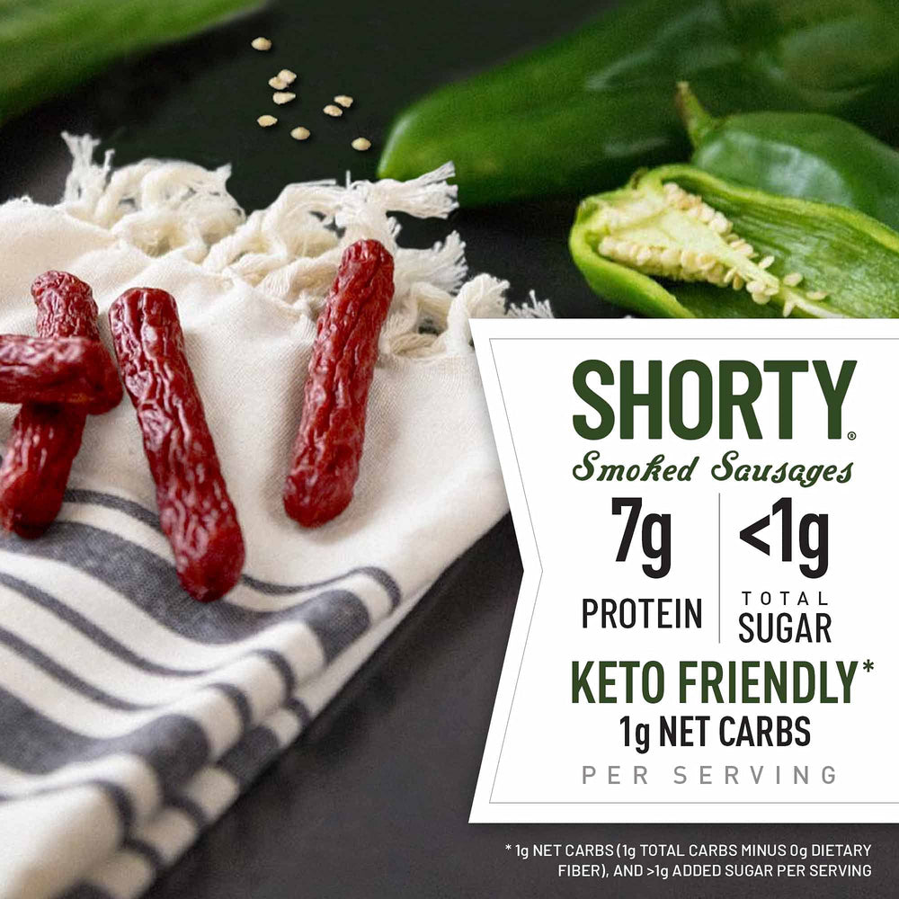 Close-up of DUKE'S smoked shorty sausage texture and diced Hatch chiles highlighting natural ingredients