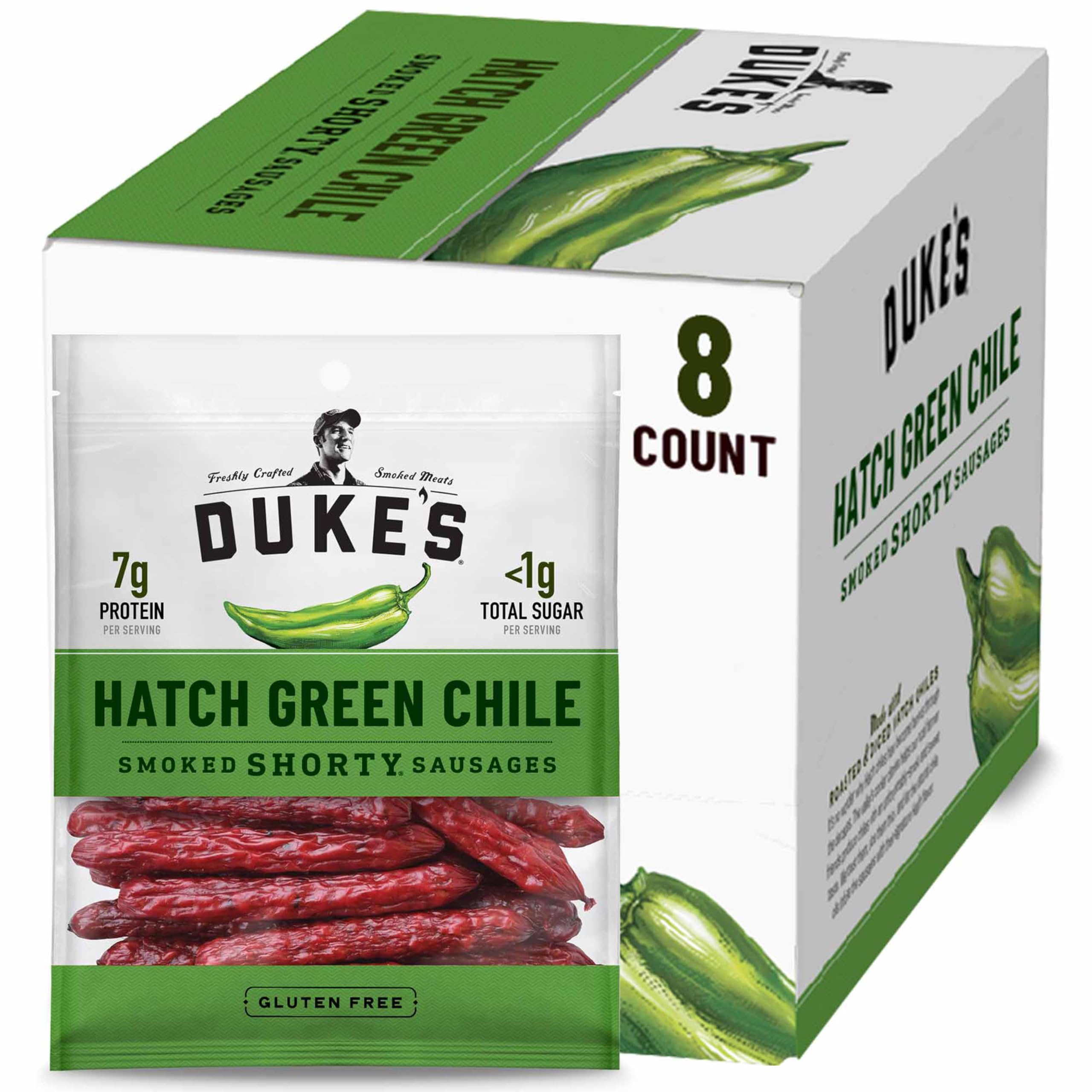 DUKE'S front packaging of Hatch Green Chile Smoked Shorty Sausages showing branding and flavor benefits