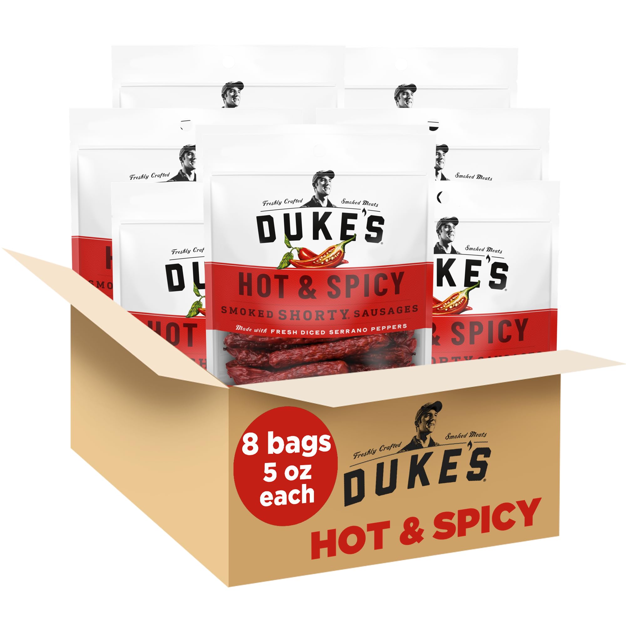 DUKE'S front packaging showing 5 oz bag and bold hot flavor for easy grab-and-go