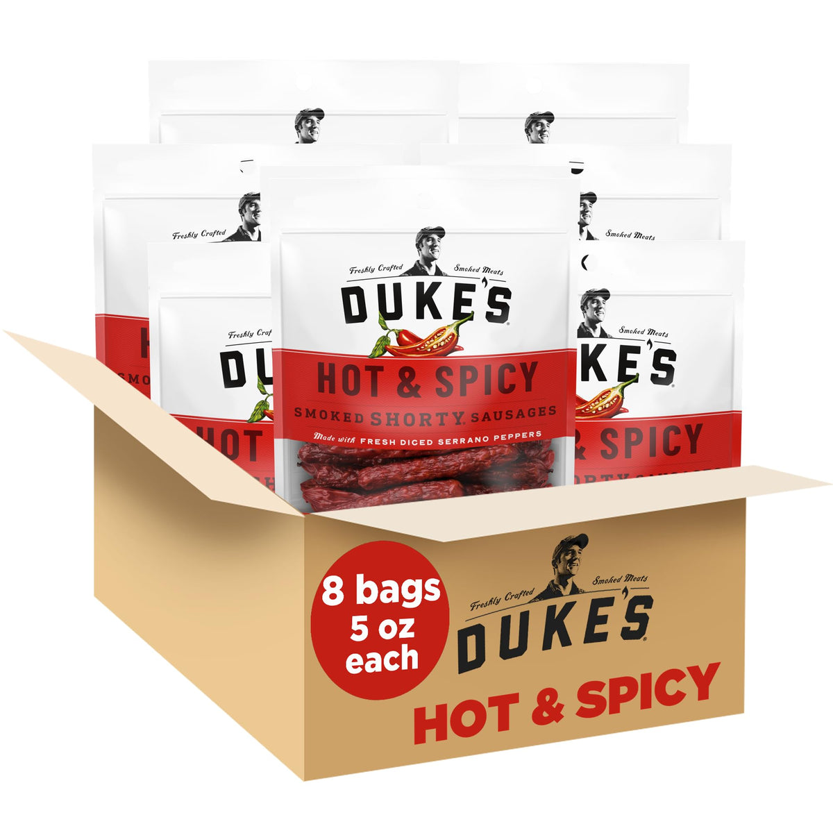 DUKE'S front packaging showing 5 oz bag and bold hot flavor for easy grab-and-go