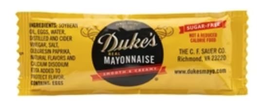 Dukes mayo packets front packaging showing 50-count convenience and consistent servings