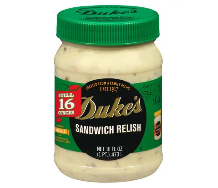 DUKE'S jar front label showing 16 oz three-pack and clear relish for easy identification