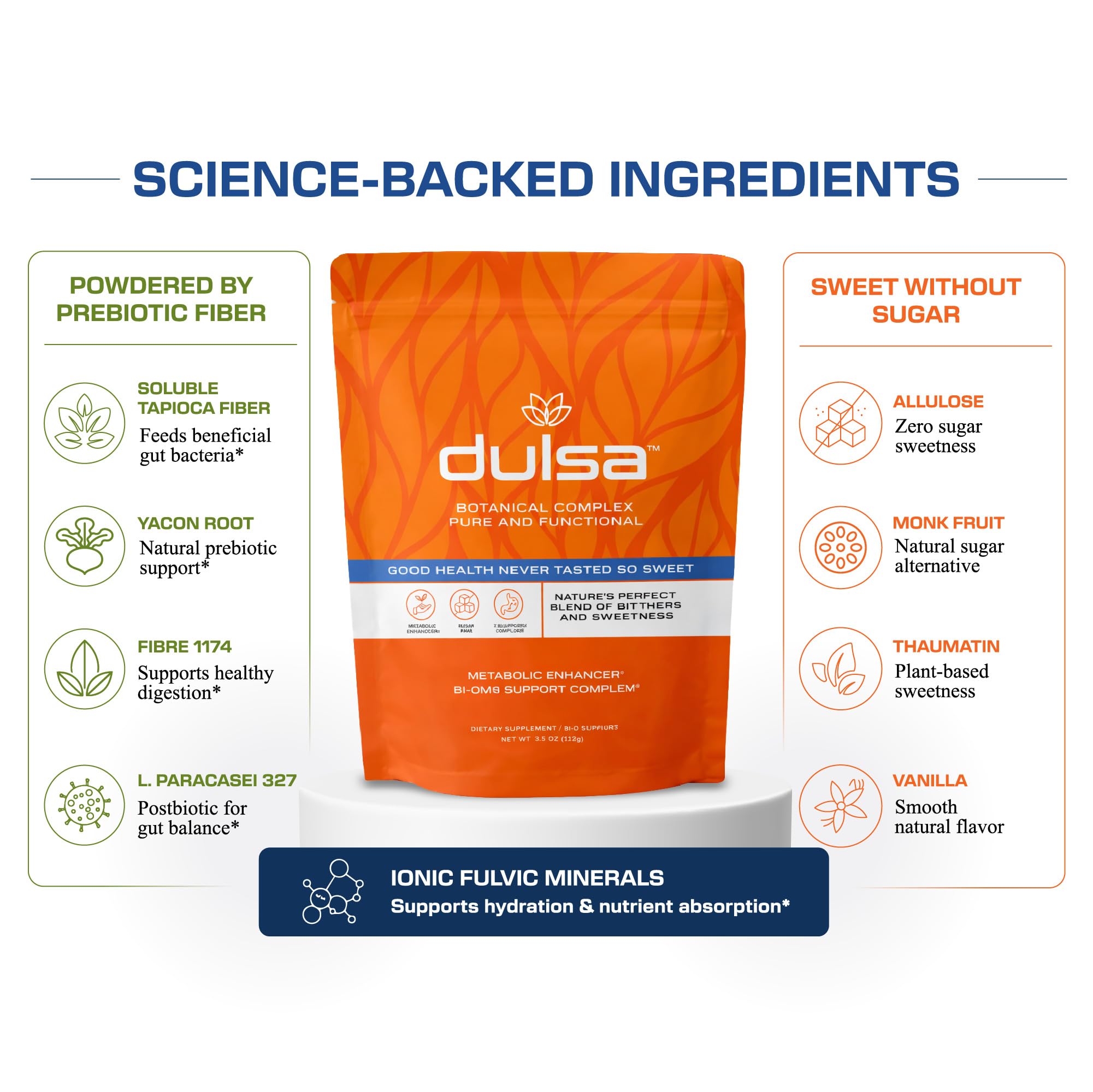 Dulsa nutrition and ingredients label highlighting organic allulose and monk fruit