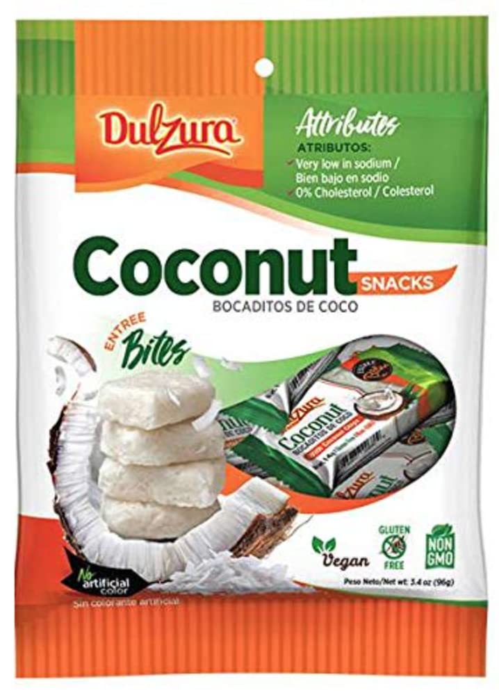 Dulzura Borincana close-up of a coconut bite interior texture, highlights real coconut chewiness