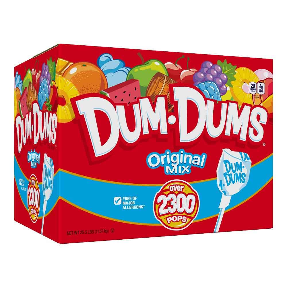 Dum Dums front box view showing bulk count and branding, clear event-ready supply