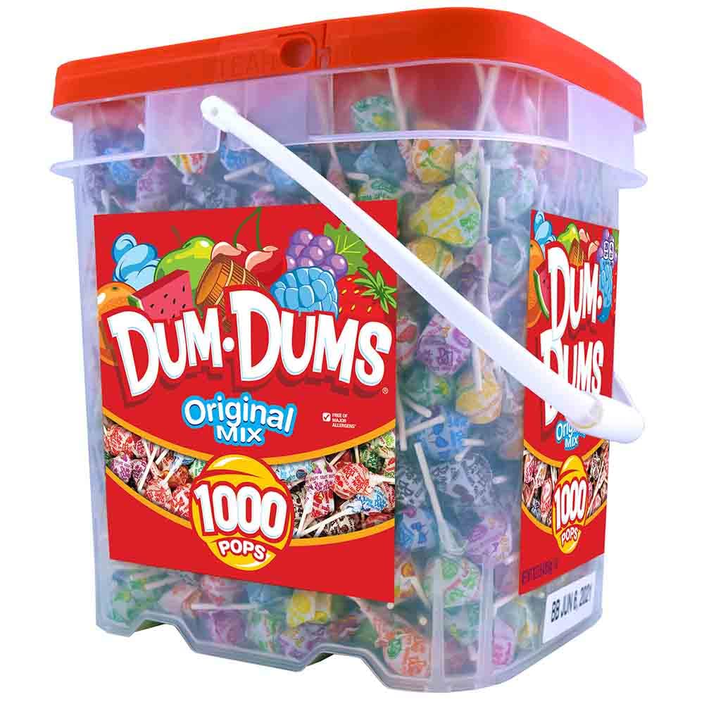 Dum Dums front bucket packaging showing quantity and bright colors for easy grabbing