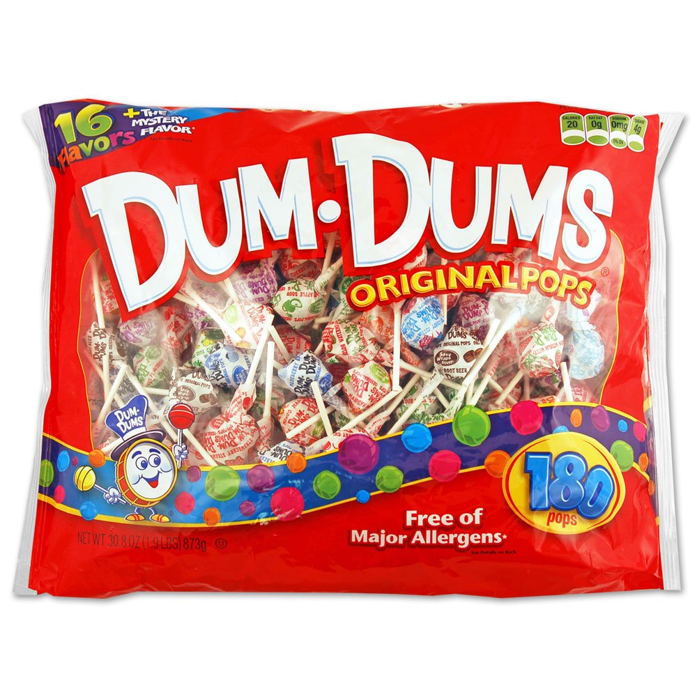 Dum Dums front bag showing brand and assorted flavors for easy grabbing