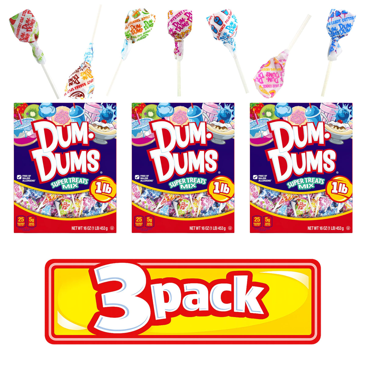 Dum Dums front packaging showing colorful assorted lollipops and brand benefit freshness