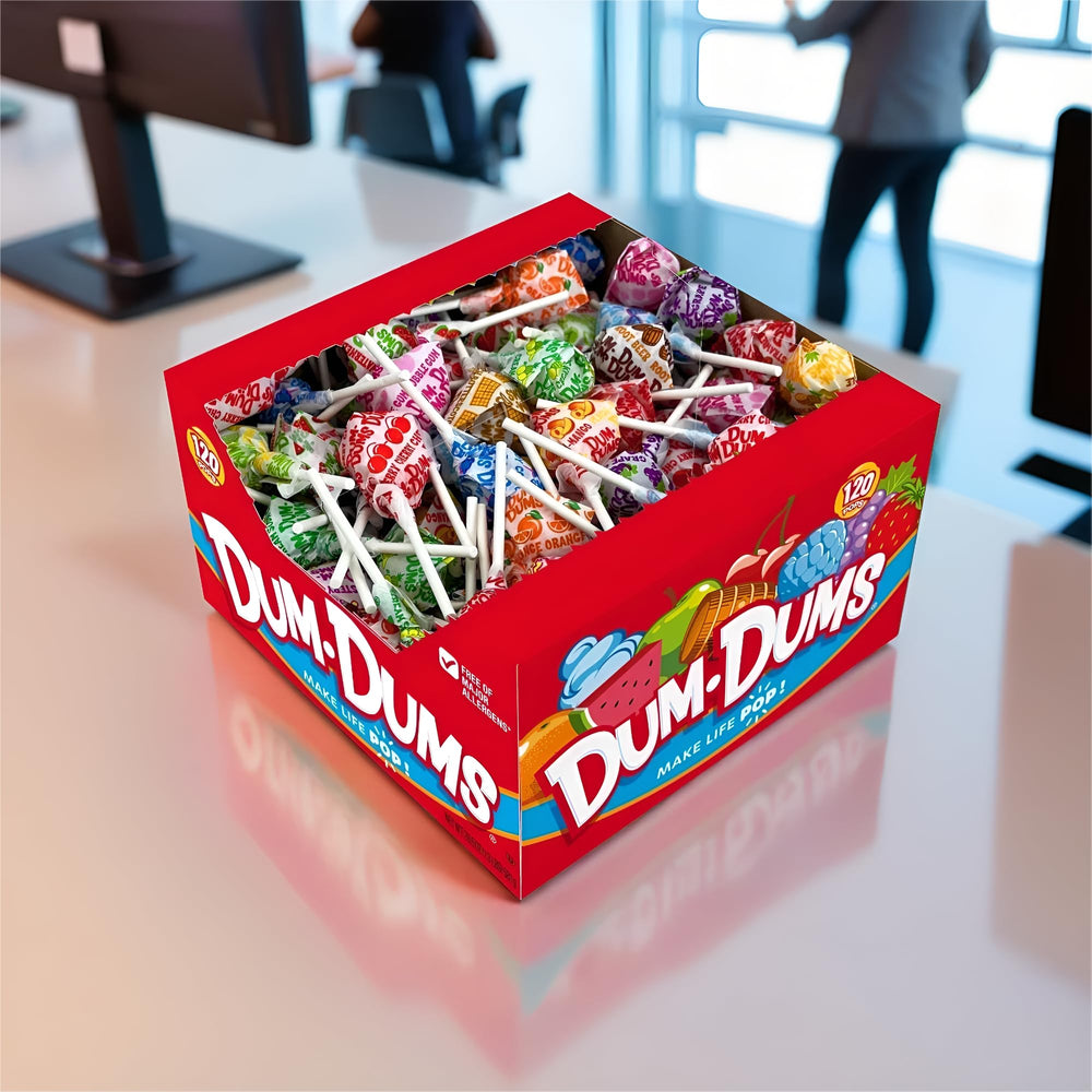 Dum Dums assorted suckers in a clear candy jar for attractive countertop display