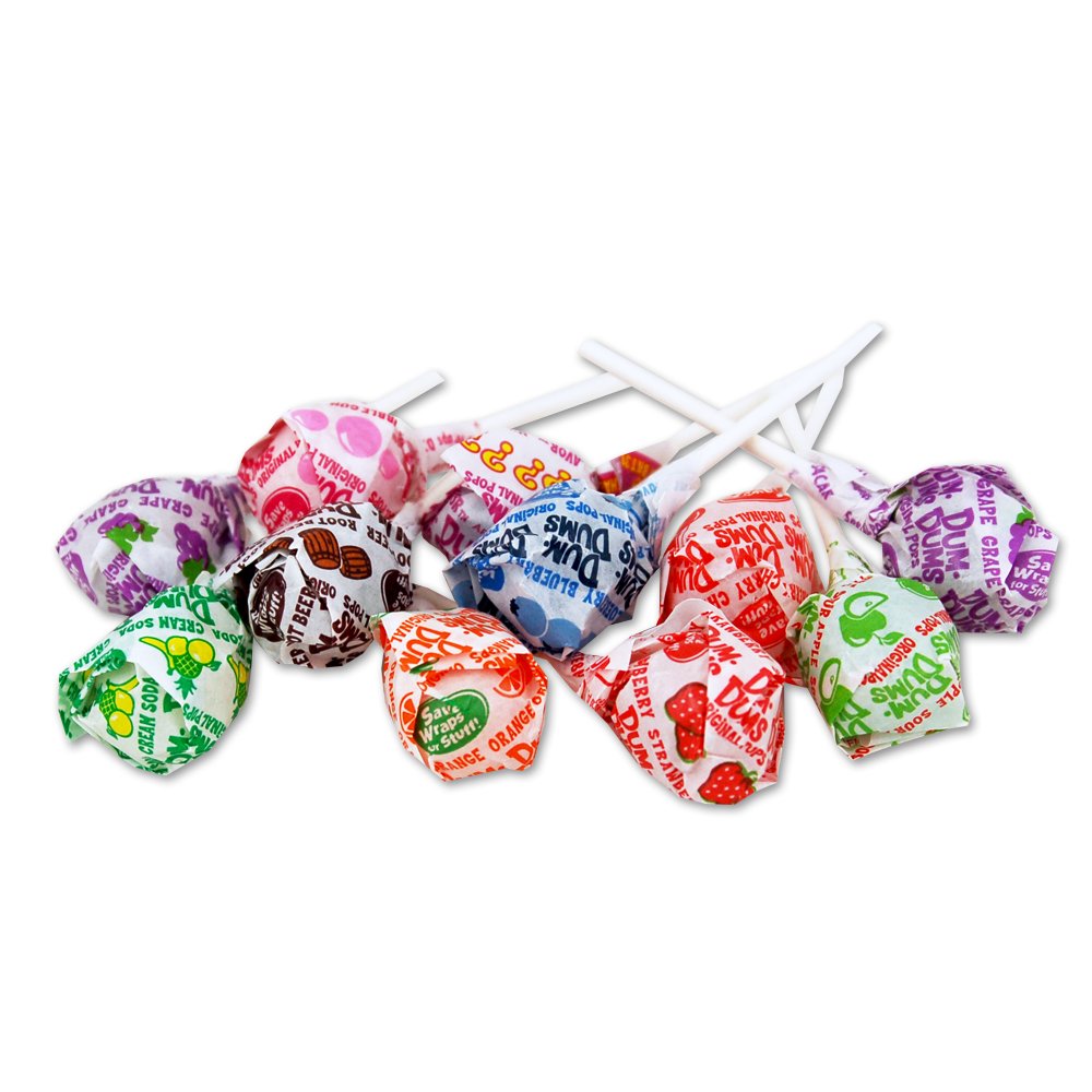 Close-up of Dum Dums individual wrappers highlighting freshness and variety