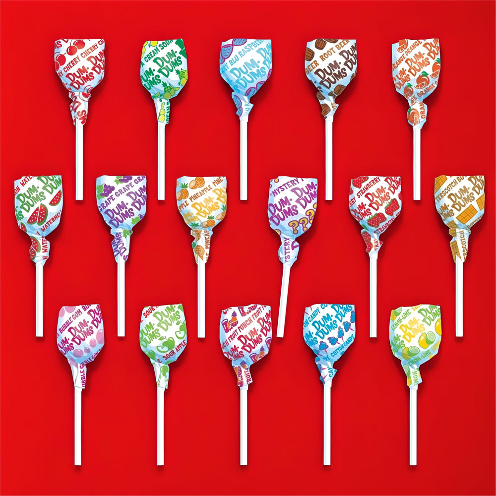 Dum Dums single lollipop held in hand demonstrating compact size and portioning