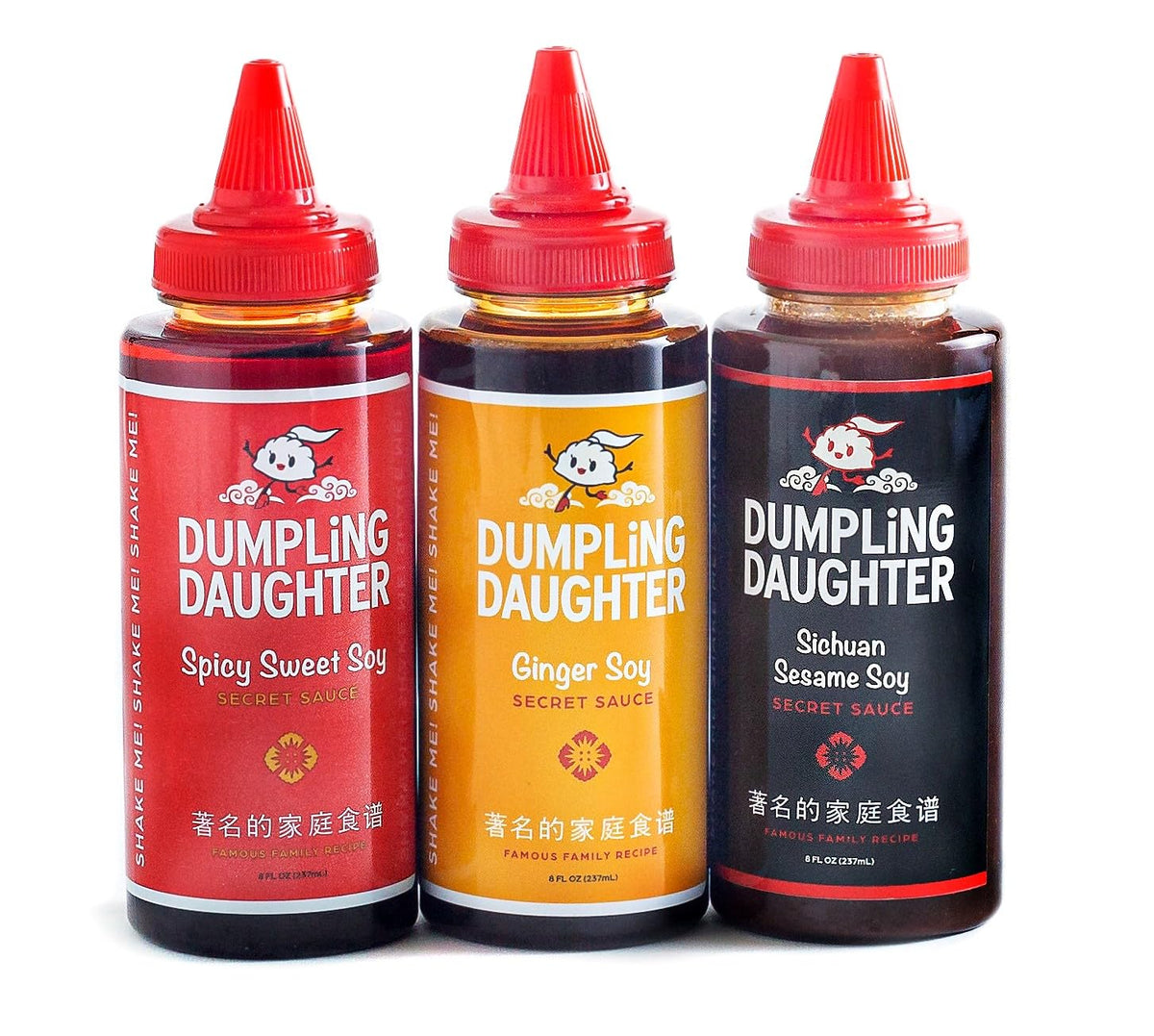 Dumpling Daughter trio front packaging showing three bottles and labels, highlights variety