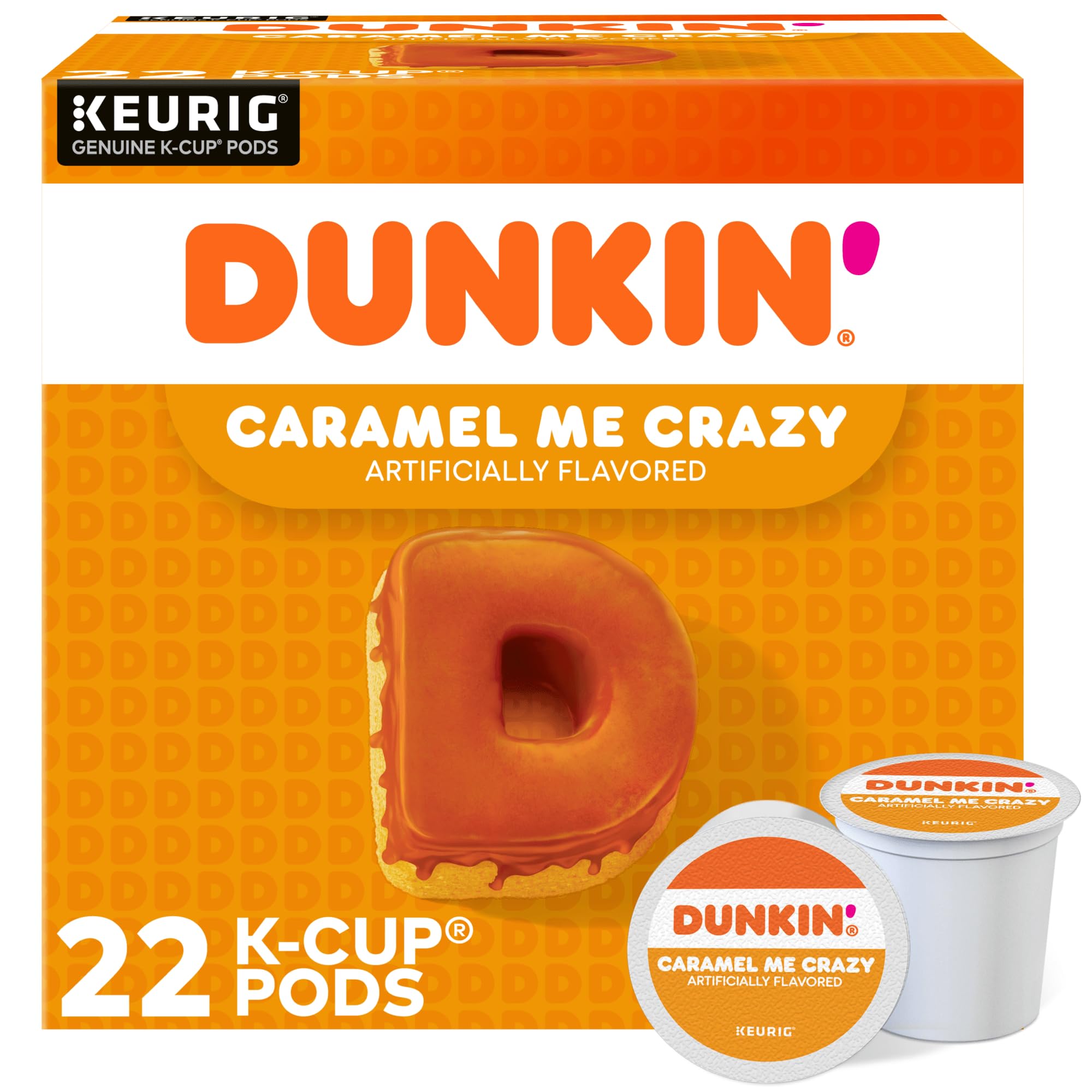 Dunkin' box front showing Caramel Me Crazy pods and flavor benefit