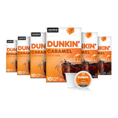 Dunkin' front packaging showing 60-count, easy at-home caramel flavor