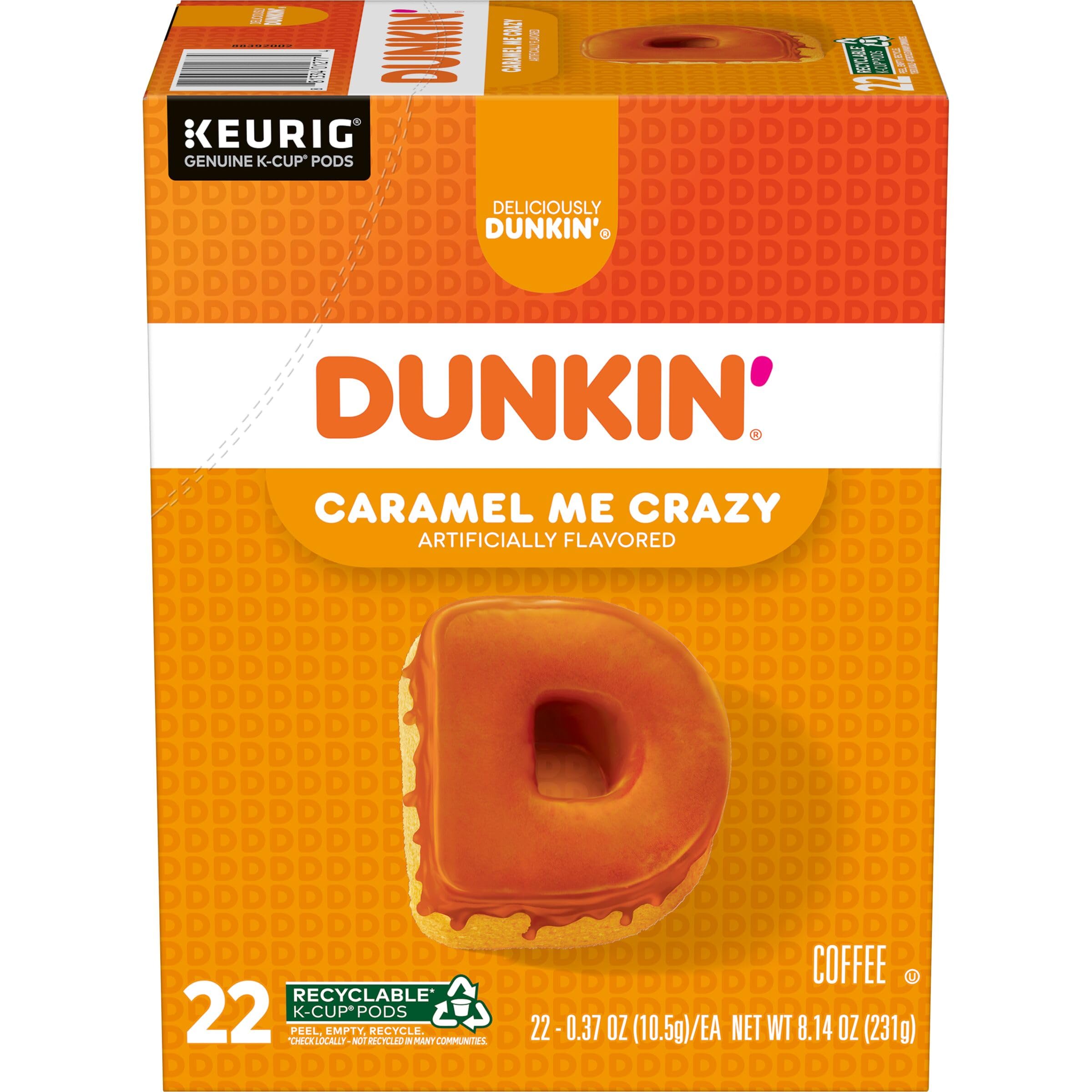 Dunkin' box front showing Caramel Me Crazy branding and benefits