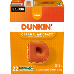 Dunkin' box front showing Caramel Me Crazy branding and benefits