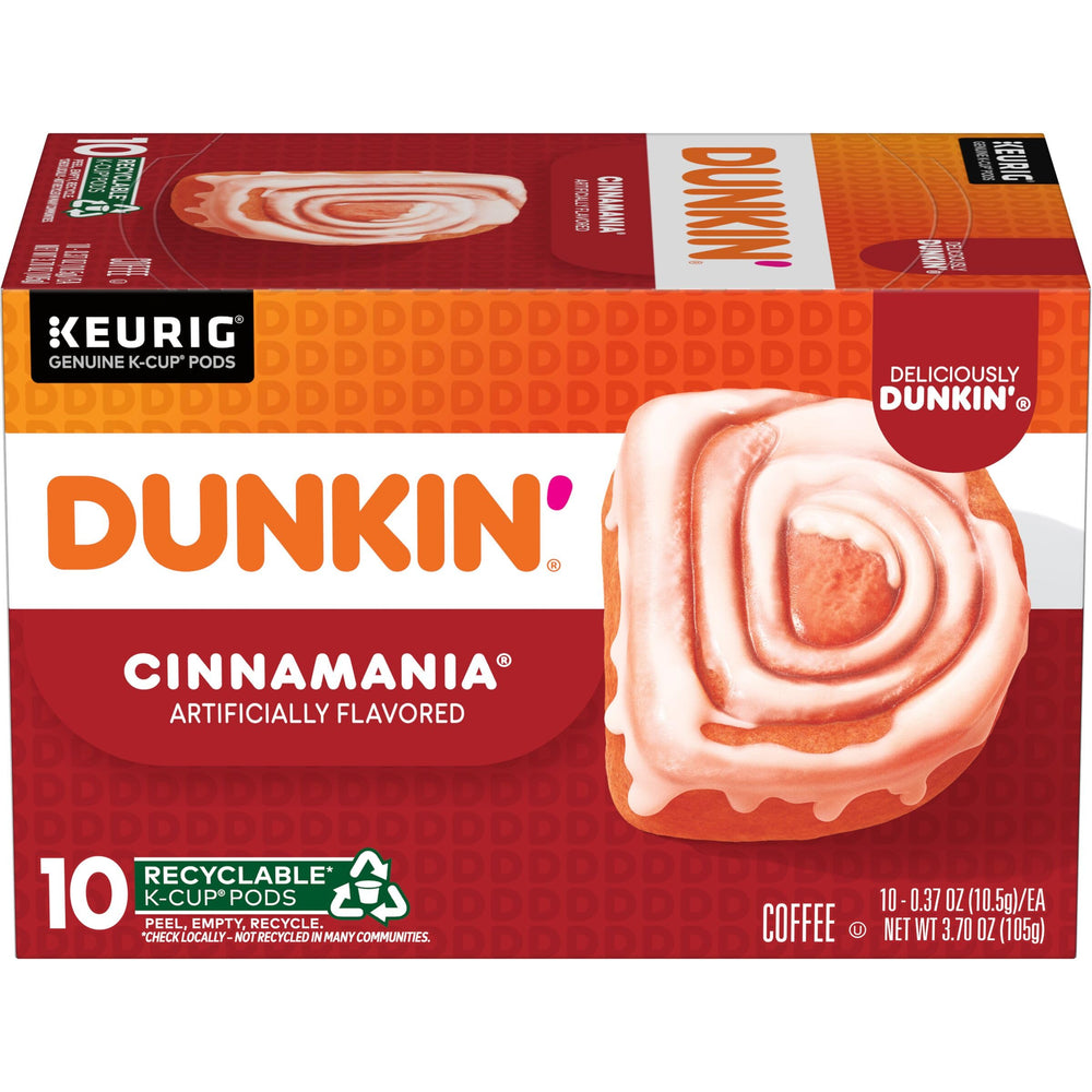 Dunkin' front box displaying 10-count pods and cinnamon-roll branding for easy selection