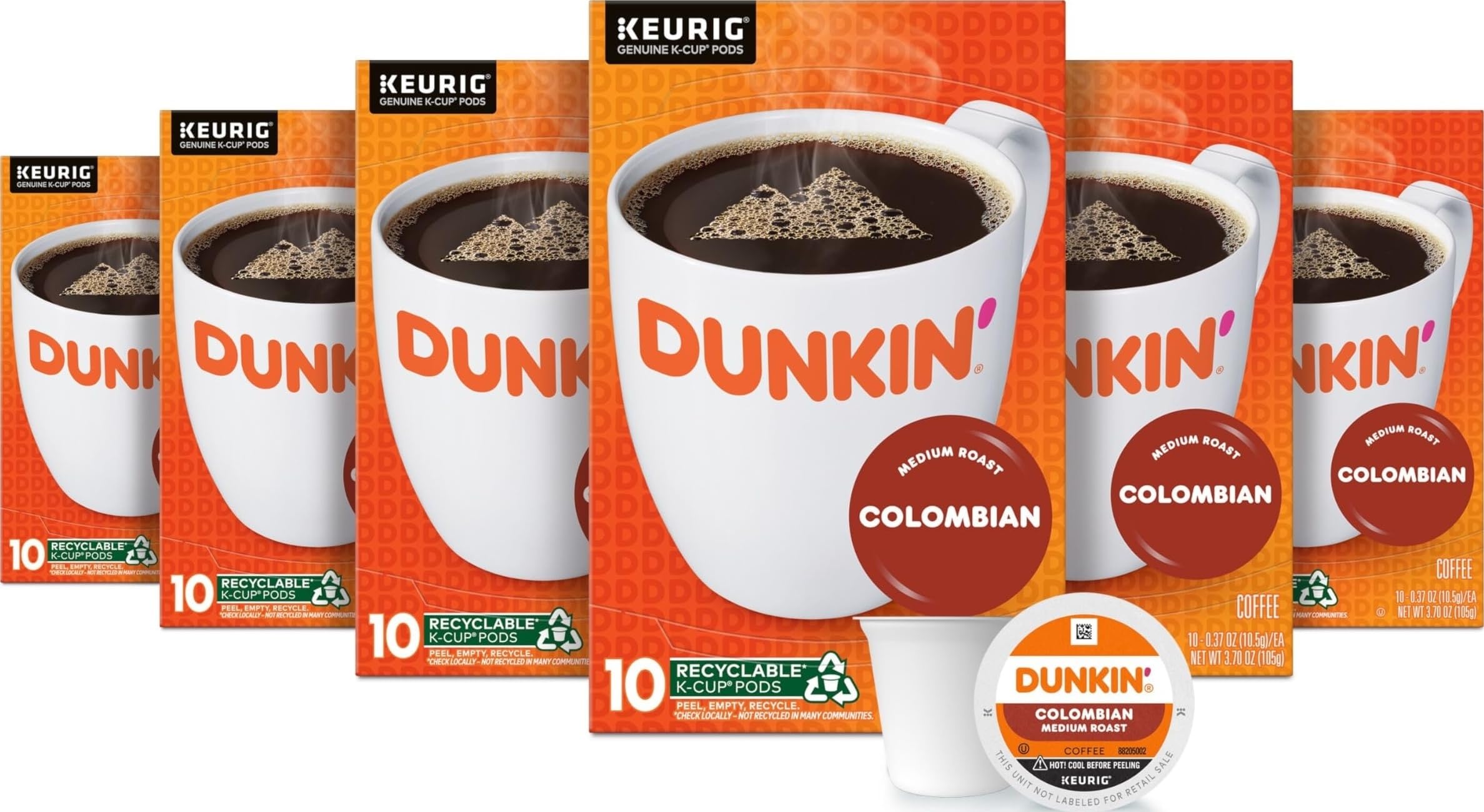 Dunkin' front packaging showing 60-count box, convenient supply