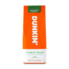 Dunkin' decaf 16 oz bag front view showing packaging and easy home brewing