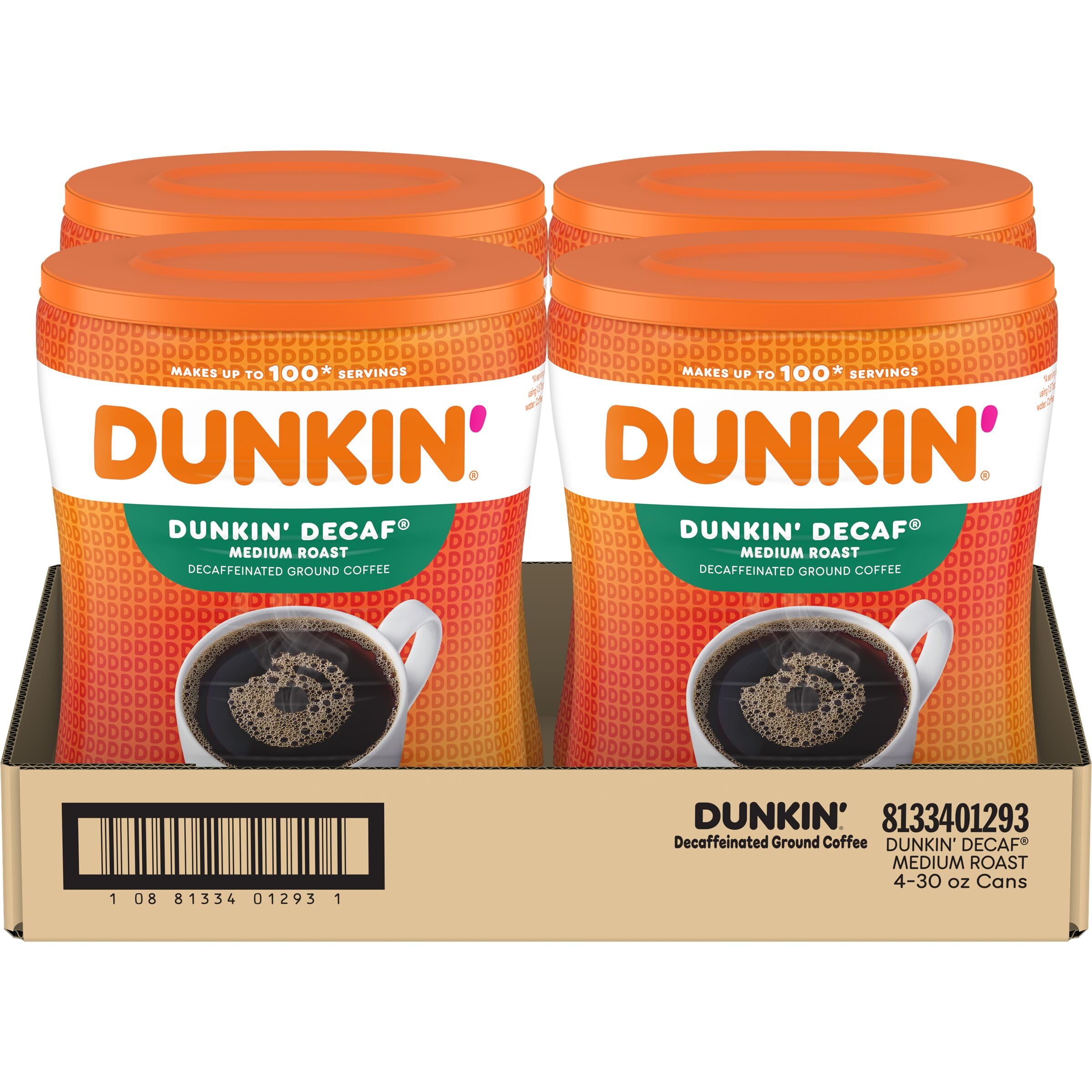 Dunkin' decaf front canister showing packaging and long-lasting supply benefit
