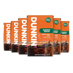 Dunkin’ decaf front packaging showing six 18 oz bags, convenient bulk supply