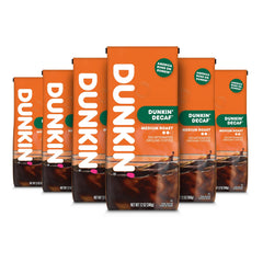 Dunkin' Decaf front packaging showing six 12 oz bags and branding benefit