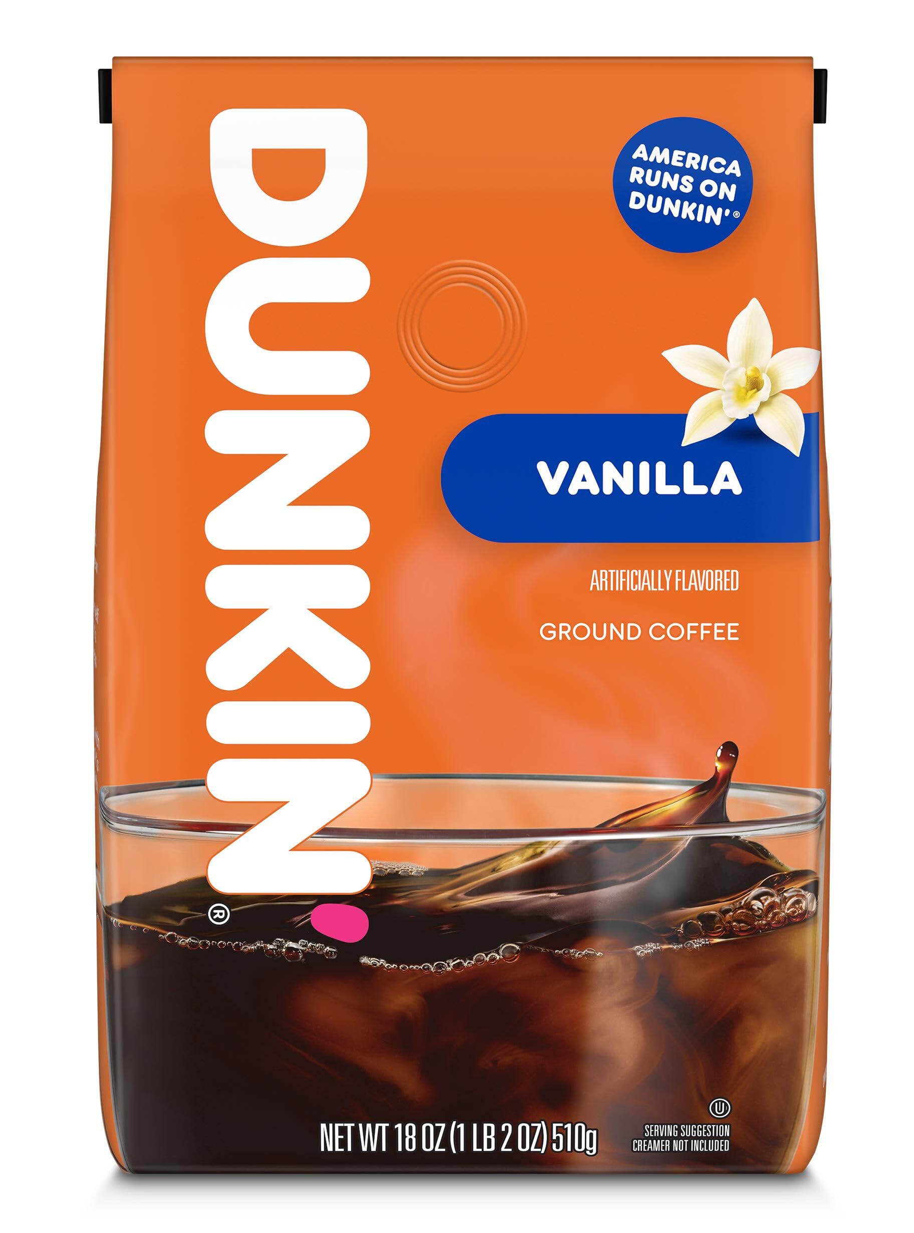 Dunkin' bag front view showing product and easy home brewing benefit