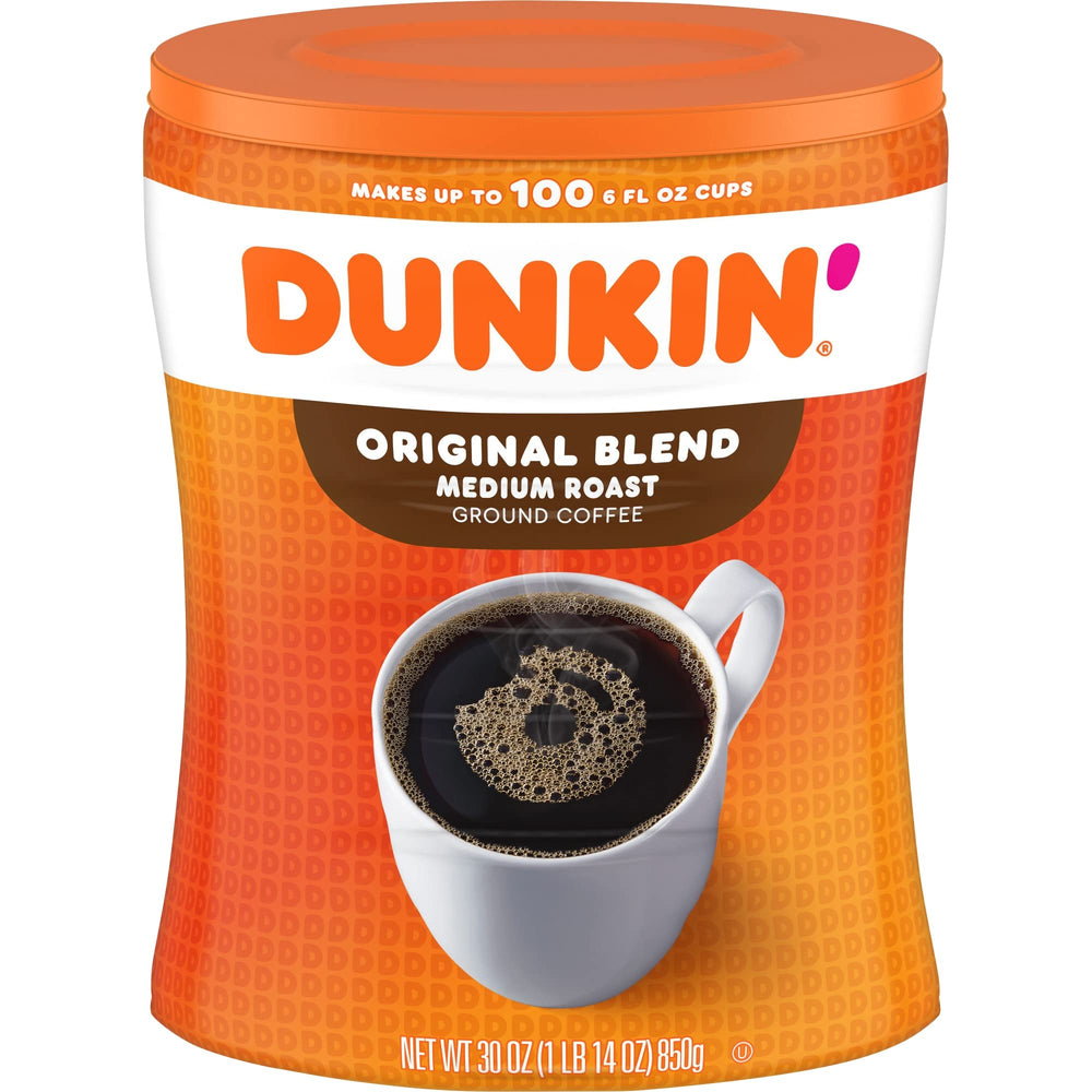 Dunkin' Donuts front canister view showing brand and size for easy recognition and storage